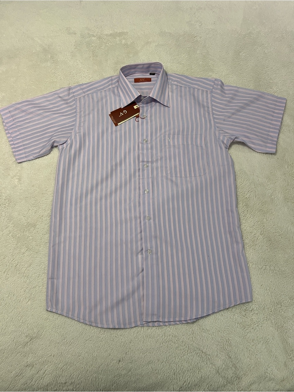 Genla Valentino Men's Short Sleeve Button-Down Shirt Light Blue & Pink Stripes